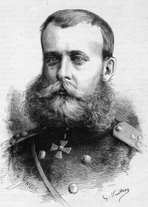 Portrett av Mikhail Dmitrievich Skobeleff (general Skobeleff eller Skobelev) (1843-1882), russisk militær. Gravering i "" Le Monde Illustré"" nr. 1301 av 4. mars av Unknown artist