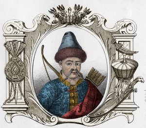 Portrett av den mongolske monarken Timur (Tamerlane) (1336-1405) - Tamerlan (1336-1405) (eller Timur Lang, "" Timur den lamme"") Gravering av 1861 av Unknown artist