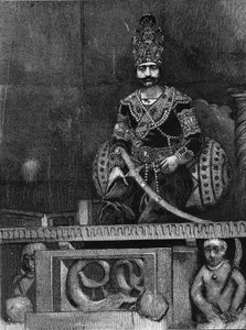 Portrett av Nasir Al-Din (Nasser al Din) (1831-1896) Shah av Persia på sin trone. av Unknown artist