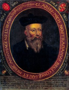 Portrett av Nostradamus, Michel de Notre Dame (1503 - 1566) fransk astrolog og lege. Kobbergravering av Unknown artist