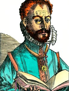 Portrett av Orlandus Lassus (1531-1594) musiker fra den fransk-belgiske skolen som holder en åpen bok (hvite sider). Gravering fra 1500-tallet. Coll. Kom igjen. av Unknown artist