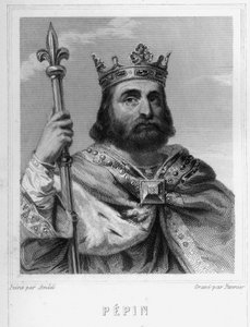 Portrett av Pépin le Brief (v. 714 - 768), kongen av frankene, den første av karolingerne - i «Histoire des Français» av Lavallée, gravering, sd. av Unknown artist