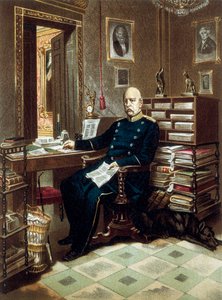 Portrett av prins Otto von Bismarck (1815-1898), kansler og prøyssisk politiker, på kontoret hans. Litografi i farger av Unknown artist