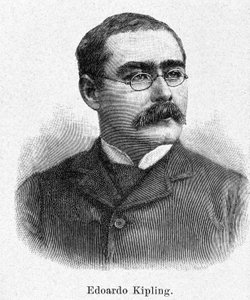 Portrett av Rudyard Kipling (1865-1936), britisk romanforfatter og poet, gravering fra 1800-tallet. av Unknown artist