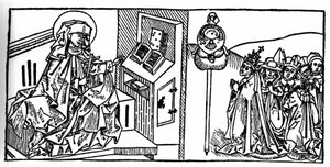 Portrett av den hellige Brigitte av Sverige (1103 - 1373). Gravering fra «Leben der Heiligen - sommerteil» (Helgenens bok) av Jacobus (James) av Voragine (1228-1298). Lübeck 1488. av Unknown artist