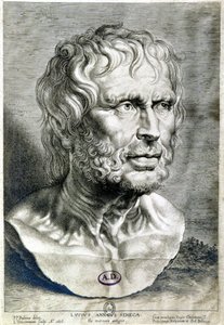 Portrett av Seneque (Lucius Annaeus Seneca, 4 f.Kr.-65 e.Kr.), filosof ved den stoiske skolen, dramatiker og en romersk statsmann - Gravering 1638 - Coll Maciet, Library of Decorative Arts, Paris av Unknown artist