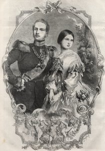 Portrett av deres kongelige høyheter prinsesse Victoria (1840-1901) (dronning Victoria) og kronprins Frederick William av Preussen (1831-1888). Gravering fra 1858. av Unknown artist