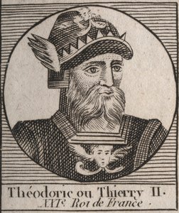 Portrait of Thierry II (587-613) King of the Francs of Austrasia and Burgundy from 595 to 613 - THIERRY II (Theuderic or Theuderich, Theoderic, or Theodoric II) king of Burgundy and Austrasia - engraving from “Instruction sur l