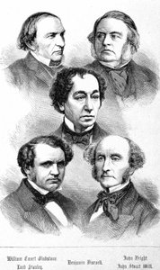 Portrait of William Ewart Gladstone, John Bright, Lord Stanley, John Stuart Mill and Benjamin Disraeli - in “” The Contemporains”, n.d. late 19th century. av Unknown artist
