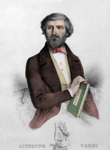 Portrett av den italienske komponisten Giuseppe Verdi (1813 - 1901) med partituret for "" i Due Foscari"" Gravering fra 1844. av Unknown artist