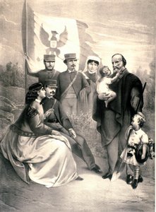 Portrett av den italienske patrioten og heltene til Risorgimento Giuseppe Garibaldi (1807-1882) omgir barna hans Menotti, Ricciotti stående og Teresita, Francesca Armosino og den lille Manlio og Clelia. Illustrasjon rundt 1870. Privat samling av Unknown artist