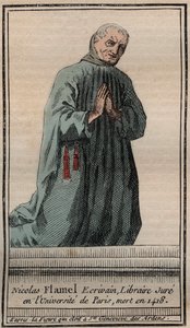 Portrett av den franske alkymisten Nicolas Flamel (1330-1418) - Gravering - Portrett av den engelske alkymisten Nicolas Flamel - Gravering Privat samling av Unknown artist