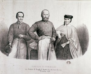 Portrett av patrioten og heltene til Risorgimento Giuseppe Garibaldi (1807-1882) mellom Teresita, datteren hans og kona Stefano Canzio. Litografi av 1862 Privat samling av Unknown artist