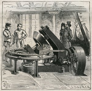 Keramikk: Fleury-maskin som brukes til mekanisk støping av murstein. Gravering fra 1885 i "" Les arts et metiers illustres"" av Adolphe BITARD. av Unknown artist
