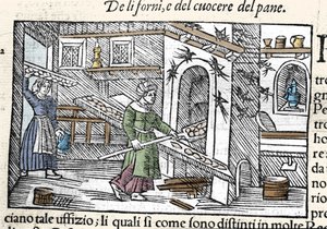Tilberedning og baking av brød i ovn. Gravering av Olaus Magnus (1490-1557), svensk religiøs og geograf, "Historia de Gentis Septentrionalibus", Venezia av Unknown artist
