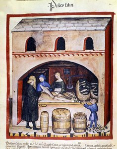 Tilberedning av skitten fisk. Belysning fra melking av medisin og diett "" Tacuinum sanitatis"" av Unknown artist