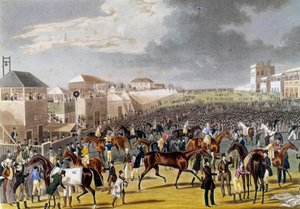 Forberedelser til et Epsom-løp (Epsom Oaks: engelsk hesteveddeløp). Gravering av privatsamlingen fra 1800-tallet av Unknown artist