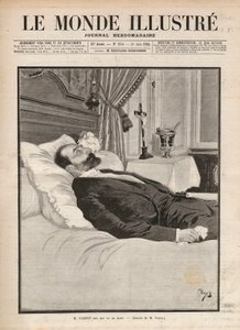 Republikkens president Sadi Carnot (1837-1894) på dødsleiet, i en sammenheng med fagforening og anarkistisk agitasjon, ble han myrdet 24. juni på utstillingen i Lyon, av Sante Caserio (1873-1894) og senere. Gravering i "Le monde illustrious"" f av Unknown artist