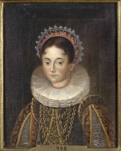 Prinsesse Elisabeth de Suede, hertuginnekonsort av Mecklembourg Gadebusch - Portrett av prinsesse Elizabeth av Sverige (1549-1597), hertuginne av Mecklenburg, anonym. Olje på lerret. Mål: 28x22 cm. Nationalmuseum Stockholm av Unknown artist
