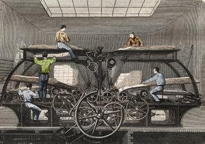 Trykkpresse: trykkpresse til avisen "" Le Siecle"" i Paris. Gravering fra 1857 i "" Le Musee Des Sciences"" av Unknown artist