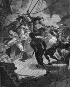 Privateer Jean Bart (1650-1702) approaching a ship. Engraving of the 19th century. In “Histoire de France” by Jules Michelet av Unknown artist