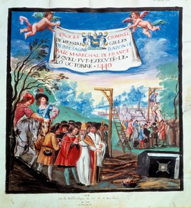 Proces of Gilles de Rais (Retz ou Rays) (1404-1440): "" Henrettelsen, gibet og slakteren""" Han blir henrettet for drap og kjetteri. 1400-talls miniatyr. Paris, B.N. av Unknown artist