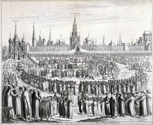 Prosesjon av påskeblomster foran Den hellige frelsersporten og Kreml i Moskva. Gravering av 1800-tallet. av Unknown artist