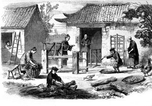 Produksjon av silke i Kina og de ulike stadier av produksjon. av Unknown artist
