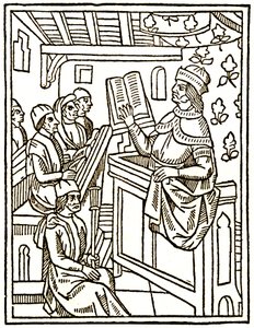 Professor underviser fra en stol av Unknown artist
