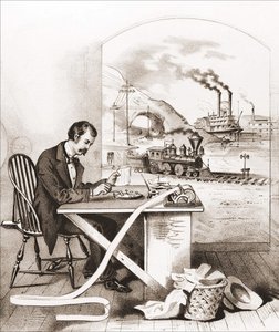 Århundrets fremgang (1800-tallet): Morse-telegrafi, Dawn Boat, Train, etc. Gravering av 1800-tallet. av Unknown artist
