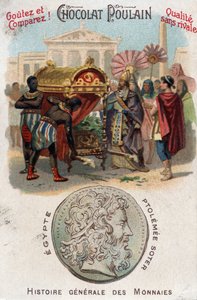 Ptolemee I (360-283 f.Kr.) Soter (frelser) fikk begravet Alexander den store. I generell mynthistorie. Sjokolade-føllkromolitografi fra slutten av 1800-tallet. Privat samling. av Unknown artist