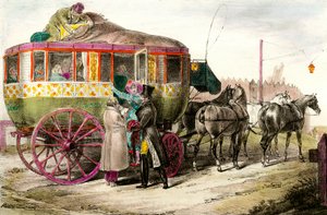 Offentlig transport: passasjerer som kommer inn i Parisienne Diligence. Gravering av privatsamlingen fra 1800-tallet av Unknown artist