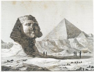 Pyramids of Giza: utsikt over Sfinxen og den store pyramiden, tatt fra sørøst - i "" Beskrivelse av Egypt"", Imperial Editions av Unknown artist