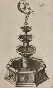 Pyroteknisk fontene som skjuler fyrverkerisystem inni, gravering fra Grand Art d#39;Artillerie, av Casimir Siemienowicz av Unknown artist