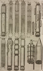Pyrotekniske raketter og instrumenter, gravering fra Grand Art d#39;Artillerie, av Casimir Siemienowicz av Unknown artist