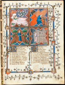 ""Fire menn opptatt med forskjellige aktiviteter"" opplyst side fra manuskriptet ""Le Roman de la Rose"" av Guillaume de Lorris (rundt 1200-1238) og Jean de Meun (Meung) (1240-1305) rundt 1353 Sveits, Genève bibliotek av Unknown artist