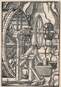 Rag-og-kjede pumpe for å tømme en mine som drives av menn på tredemølle. Fra Agricola (George Bauer) De re metallica, Basel av Unknown artist