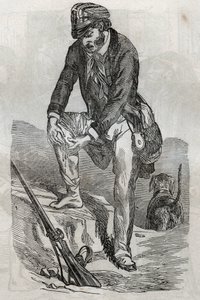 Rage - behandling av bitt laget av et rasende dyr - vondt ved å trykke på såret hans - gravering i "La Sante Universelle - Medisinsk guide for familier"" 1852 av Unknown artist