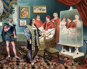 Raphael (Raffaello Sanzio) som jobber med portrettet av pave Leon X (leone 10) omgir kardinalene Jules de Medicis (Giulio) (pave Clement VII) av Unknown artist