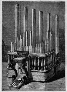 Sjeldne eller imaginære instrumenter: Pyrofonen eller "syngende flammer", av Frederic Kastner (instrument som genererer flammer drevet av gassstråler). av Unknown artist