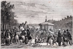 Lesing av kjennelsene publisert i avisen Moniteur i hagen til det kongelige slott i Paris 26. juli 1830 under borgerkrig - revolusjon 1830 - av Unknown