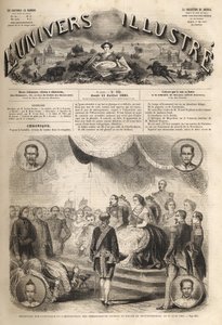 Mottakelse av siamesiske ambassadører av keiser Napoleon III og keiserinne Eugenie ved Palace of Fontainebleau, 27. juni 1861 - "Reception des ambassadeurs du Siam par Napoleon III et l'imperatrice Eugenie": I den store ballsalen Henri II du  av Unknown artist
