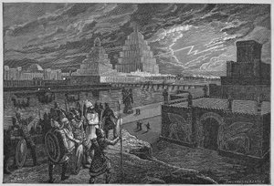 Gjenoppbygging av templene og palassene langs elven Babylon - Mesopotamia: gjenoppbygging av byen Babylon, bygget under kong Nebukadnesar IIs regjeringstid. av Unknown artist