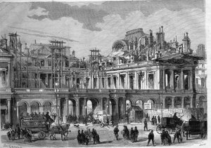 Reconstruction works of the Royal Palace (Palais-Royal) in Paris. Engraving in “” L