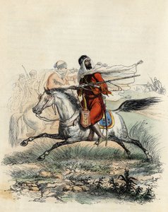 Red horsemen of Emir Abd-el-Kader fled by hunters on horseback of the French army at Oran in 1841, in “L