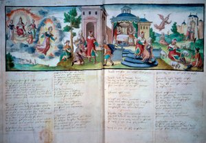 Religiøst teater: "" Passion and Resurrection"" spilt i Valenciennes i 1547. Manuskriptside med akvarell, Paris, B.N. av Unknown artist