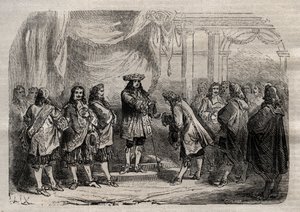 Rene Duguay Trouin (Duguay-Trouin) (Rene Trouin du Gue dit) (1673-1736) mottar Saint-Louis kors fra hendene til kong Louis XIV - gravering i "" Dictionnaire populaire illustrious" - 1864 - av Joseph Decembre og Edmond Allonier - av Unknown artist