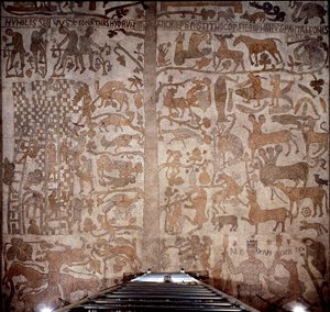 Representasjon av Alexander den store (356-323 f.Kr.), konge av Macedoine og erobrer av Persia, omgir indisk fauna under erobringen av India og den hellenistiske syndfloden til høyre, til venstre konstruksjonen av Babelstårnet. Fortau av Pant av Unknown artist