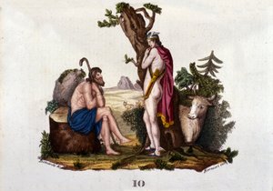 Representasjon av Argus og Io, forvandlet til ku av Mercury. Plate hentet fra "" Dictionary of mythology"" 1888 av Unknown artist