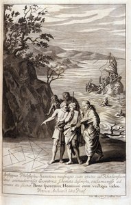 Representasjon av Aristipus av Kyrene (435-356 f.Kr.) gresk filosof disippel av Sokrates, etter forliset som kastet ham på kysten av Rhodos, oppdager han geometriske spor på sanden. Gravering fra bok XV av Euklids "Elementer". 1591 av Unknown artist